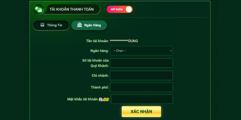 Cập nhật tên và số tài khoản ngân hàng